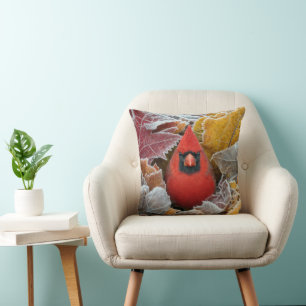 Red Cardinal Bird in Frosty Autumn Leaves Cushion