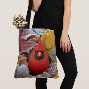 Red Cardinal Bird in Frosty Autumn Leaves Tote Bag