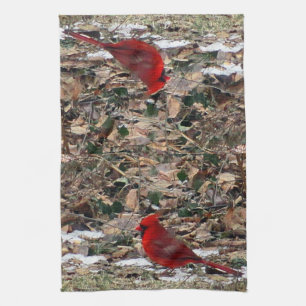 Red Cardinal Bird in Leaves Tea Towel