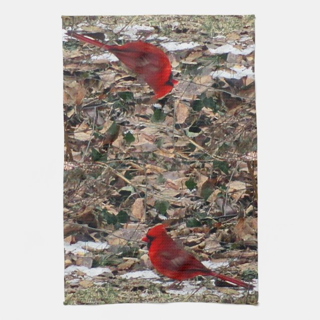 Red Cardinal Bird in Leaves Tea Towel (Vertical)