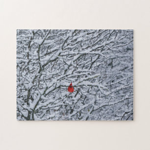 Red Cardinal Bird in Snow Tree Winter Art Puzzle