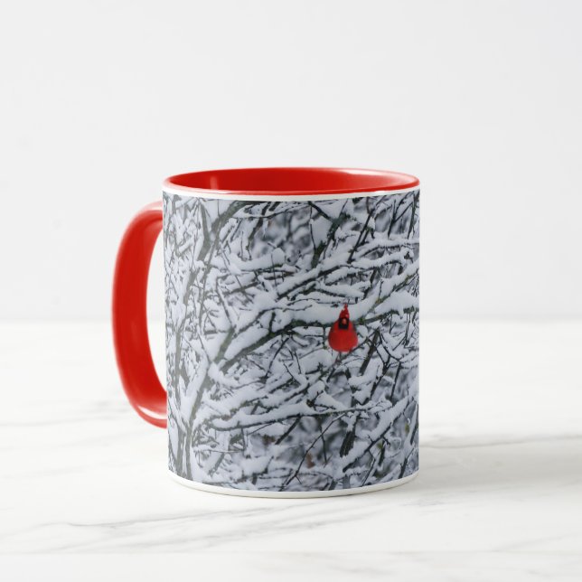 Red Cardinal Bird in Snow Winter Mug Cup (Front Left)