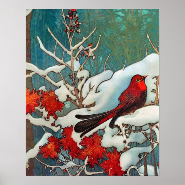 Red Cardinal Bird in the Snow Poster (Front)