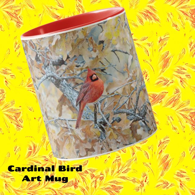 Red Cardinal Bird in Tree Art Mug Cup (Red Cardinal Art Bird Mug.)