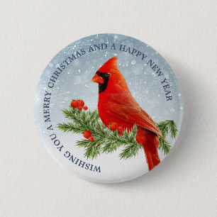 Red Cardinal Bird Merry Christmas button