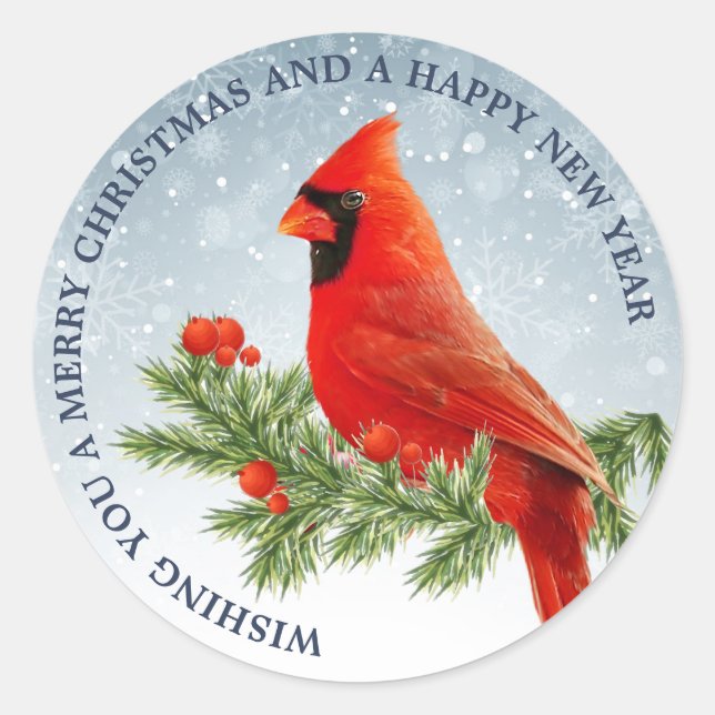 Red Cardinal Bird Merry Christmas Sticker (Front)