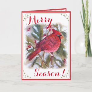 RED CARDINAL BIRD MERRY SEASONS GREETING HOLIDAY C CARD