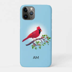 Red Cardinal Bird  & Monogram on Light Blue Case-M iPhone 11 Pro Case