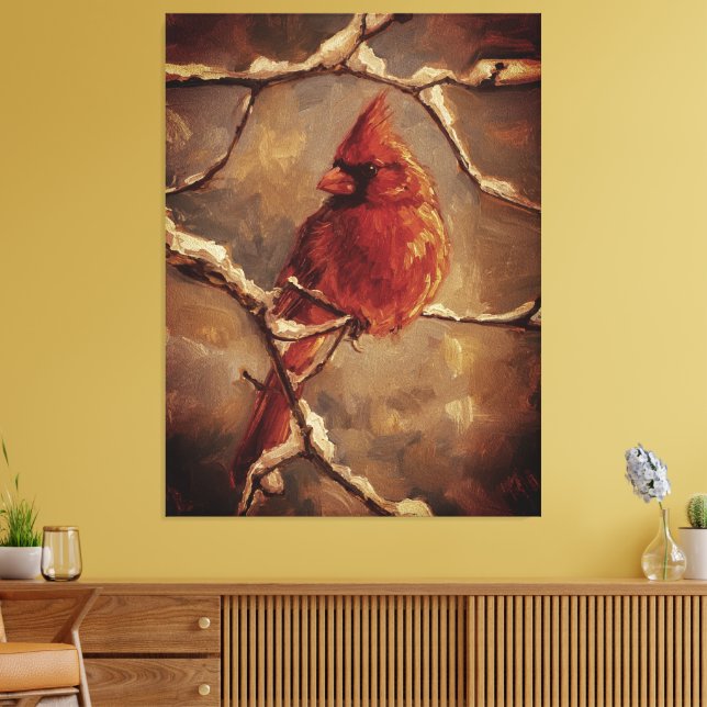 Red Cardinal Bird Oil Painting – Winter Branch Canvas Print (Insitu(LivingRoom))