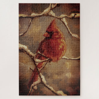 Red Cardinal Bird Oil Painting – Winter Branch Jigsaw Puzzle