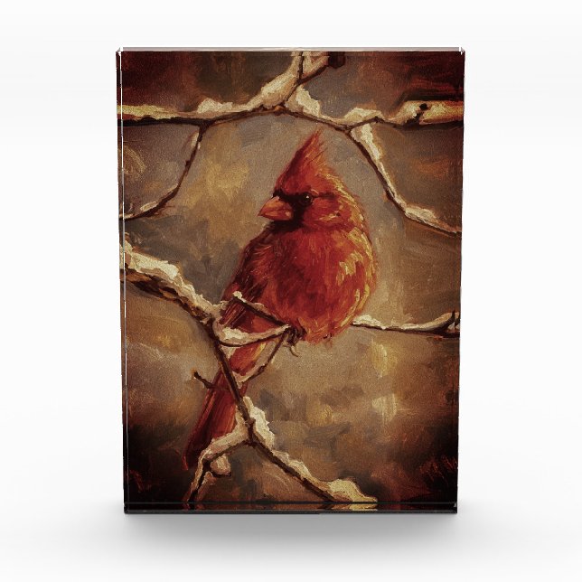 Red Cardinal Bird Oil Painting – Winter Branch Photo Block (Front)