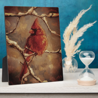 Red Cardinal Bird Oil Painting – Winter Branch Plaque