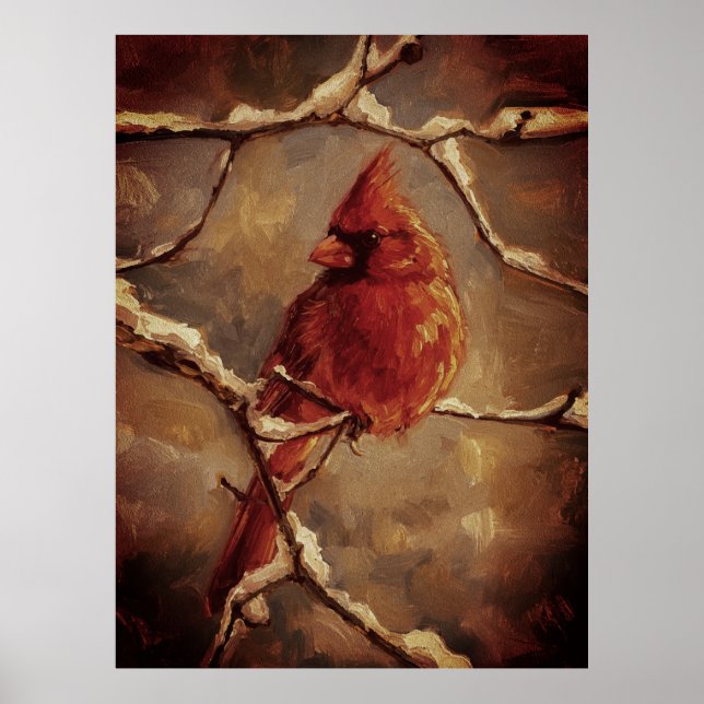 Red Cardinal Bird Oil Painting – Winter Branch Poster (Front)