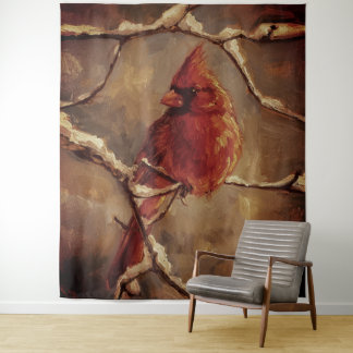 Red Cardinal Bird Oil Painting – Winter Branch Tapestry