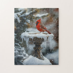 Red Cardinal Bird on a Frozen Birdbath Art Jigsaw Puzzle