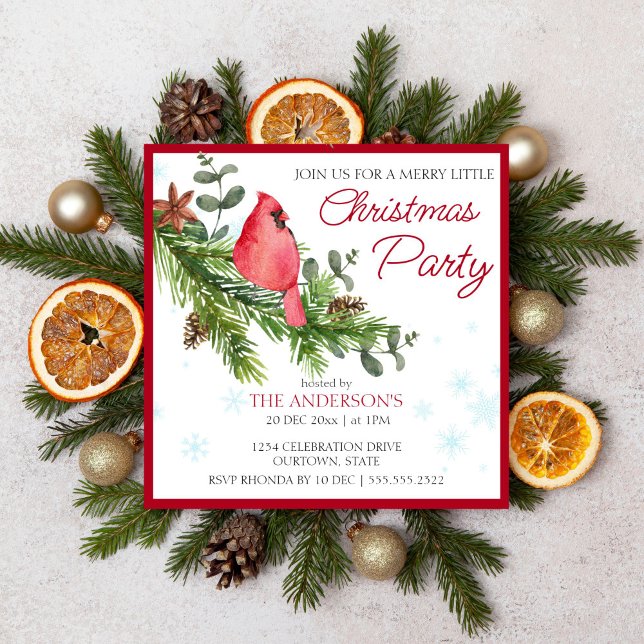 Red cardinal bird on a pine merry little Christmas Invitation (Merry Little Christmas party editable template invitation)