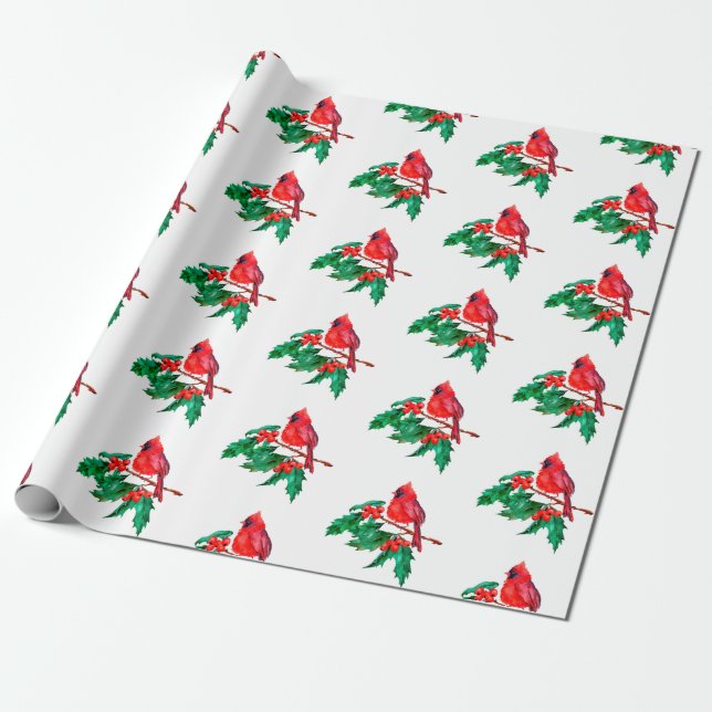 Red Cardinal Bird on Holly Berry Branch Christmas Wrapping Paper (Unrolled)