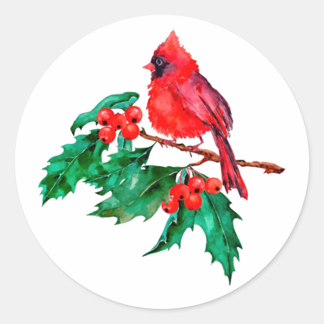 Red Cardinal Bird on Holly Berry Branch Classic Round Sticker (Front)