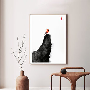 Red Cardinal Bird on Ink Wash Rock - Zen Art Canva Canvas Print