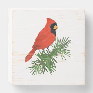 Red Cardinal Bird on Pine Tree Wooden Box Sign