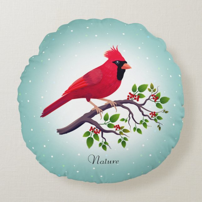 Red Cardinal Bird on Teal Round Cushion (Front)
