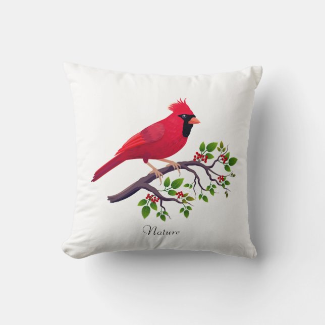 Red Cardinal Bird on Tree Branch Cushion (Front)