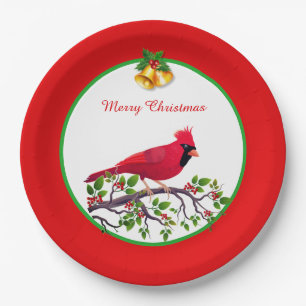 Red Cardinal Bird on Tree Branch Paper Plate