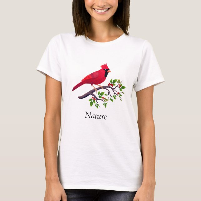 Red Cardinal Bird on Tree Branch T-Shirt (Front)