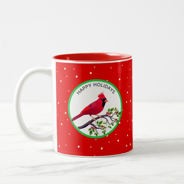 Red Cardinal Bird on Tree Branch Two-Tone Coffee Mug (Left)