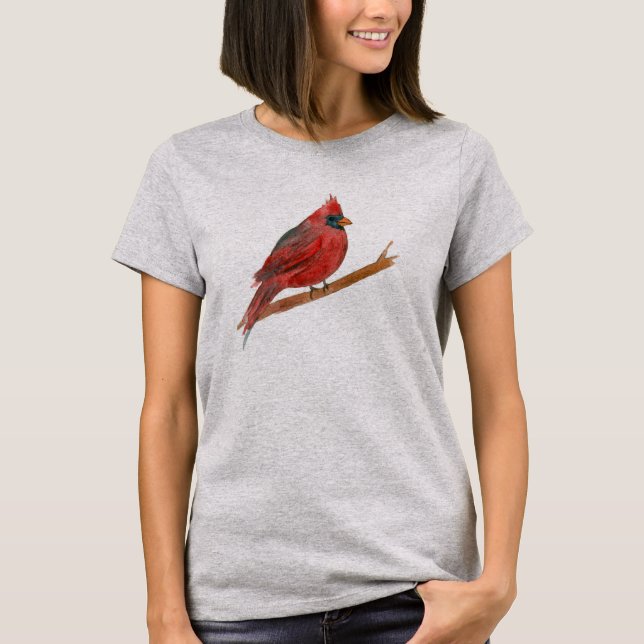 Red Cardinal Bird Watercolor Painting T-Shirt (Front)