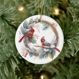 Red Cardinal Bird Watercolor Winter Christmas Ceramic Tree Decoration