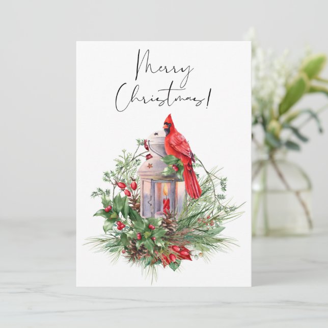 Red Cardinal Bird Watercolor Winter Christmas Holiday Card (Standing Front)
