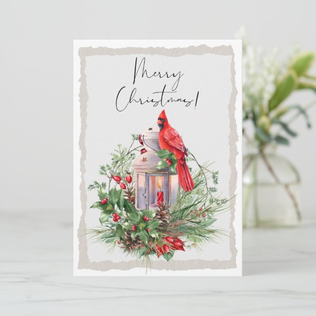Red Cardinal Bird Watercolor Winter Christmas Holiday Card (Standing Front)
