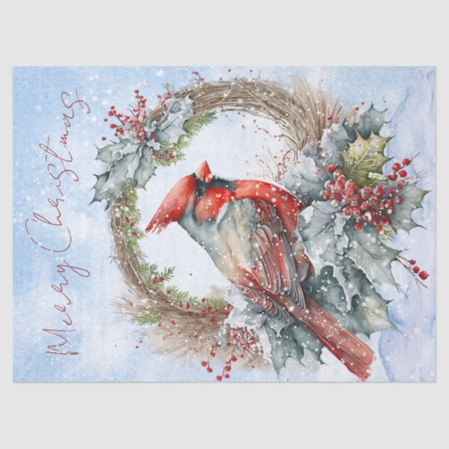 Red Cardinal Bird Watercolor Winter Christmas Tissue Paper (Front)