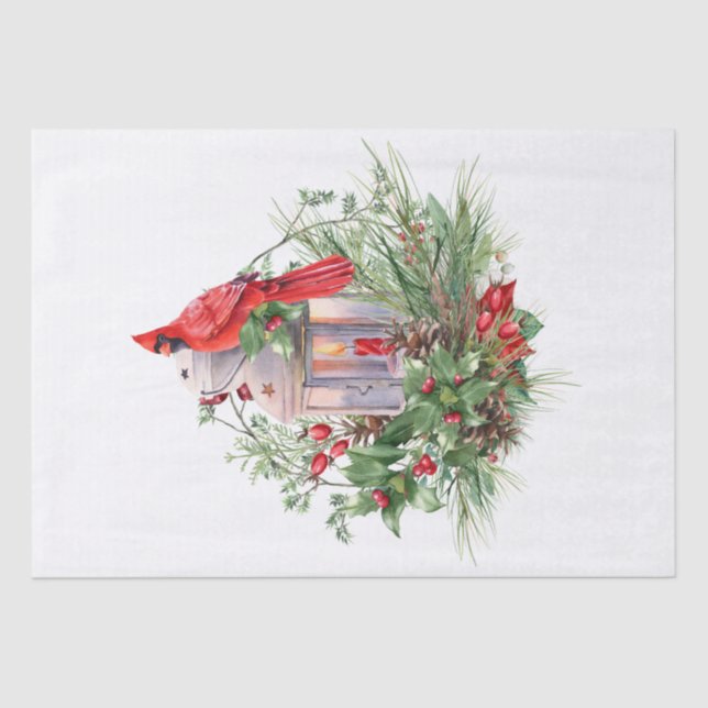 Red Cardinal Bird Watercolor Winter Christmas Tissue Paper (Front)