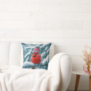 Red Cardinal Bird Wearing Winter Hat Cushion