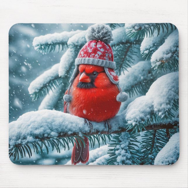 Red Cardinal Bird Wearing Winter Hat Mouse Mat (Front)