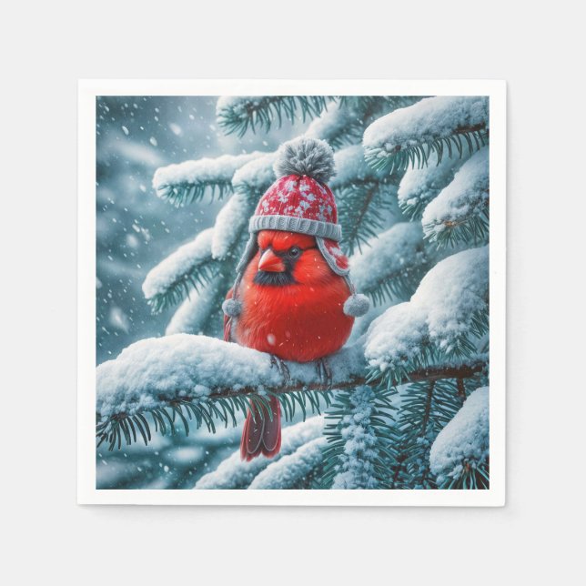 Red Cardinal Bird Wearing Winter Hat Napkin (Front)