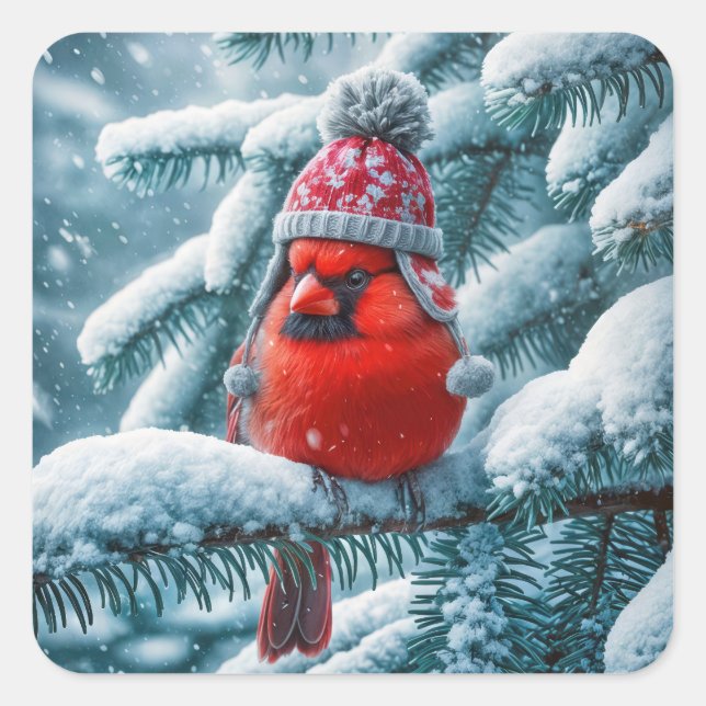 Red Cardinal Bird Wearing Winter Hat Square Sticker (Front)