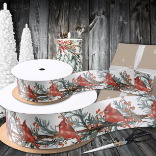 Red Cardinal Bird Winter Feeding On Ilex Berries S Satin Ribbon