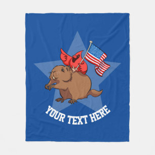 Red Cardinal Bird With American Flag On Groundhog Fleece Blanket