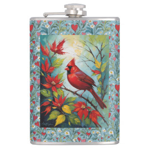 Red Cardinal Bird With Daisies And Red Hearts Hip Flask
