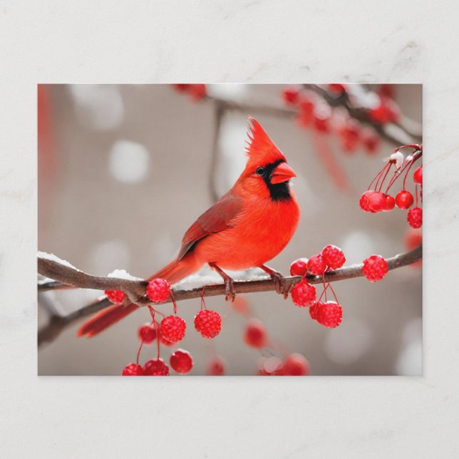 Red Cardinal Bird with Wild Forest Berries  Postcard (Front)