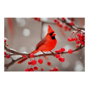 Red Cardinal Bird with Wild Forest Berries  Poster