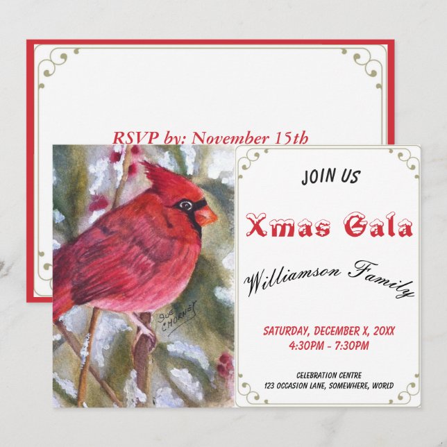 RED CARDINAL BIRD XMAS GALA PARTY INVITATION (Front/Back)