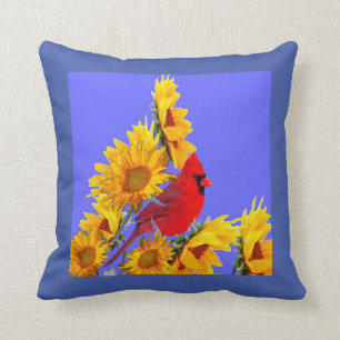 RED CARDINAL BIRD YELLOW SUNFLOWERS ART CUSHION