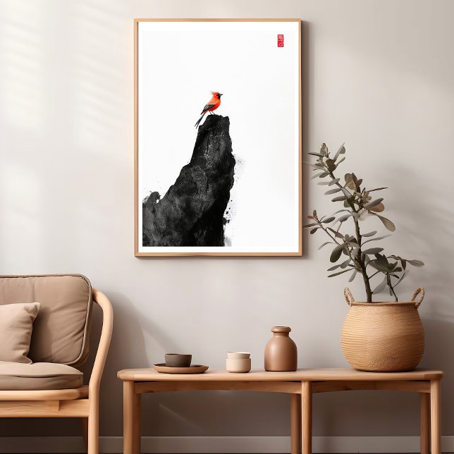 Red Cardinal Bird - Zen Ink Wash Wall Poster (Creator Uploaded)