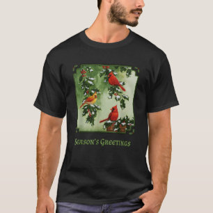 Red Cardinal Birds Christmas Holly Berries Leaves T-Shirt