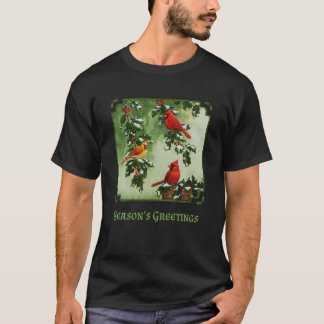 Red Cardinal Birds Christmas Holly Berries Leaves  T-Shirt