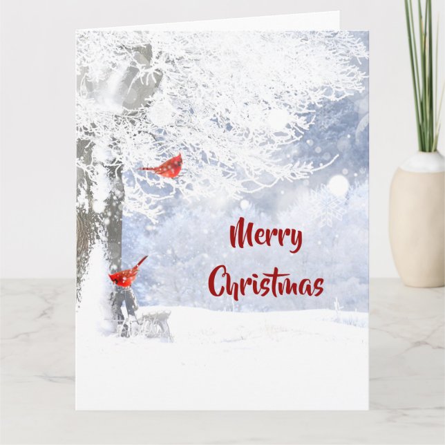 Red Cardinal Birds Christmas snowy Trees Card (Front)